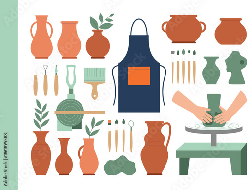 Pottery workshop icon set vector illustration with ceramic tools clay vases apron and hands crafting pottery design