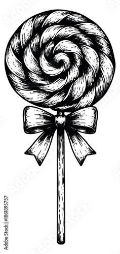 Line art illustration of a lollipop depicting a swirled candy with a bow for sweet treat designs