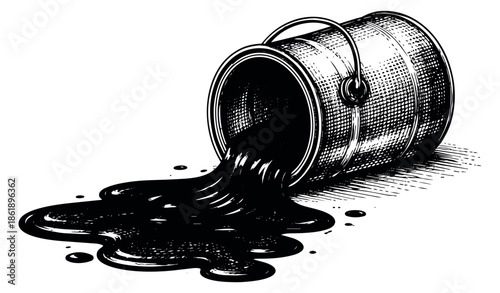Hand drawn line art illustration of an overturned paint can depicting black liquid spilling for renovation projects