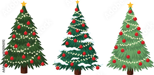 Set of three decorated Christmas trees with red ornaments fairy lights and gold stars for holiday celebration and winter season