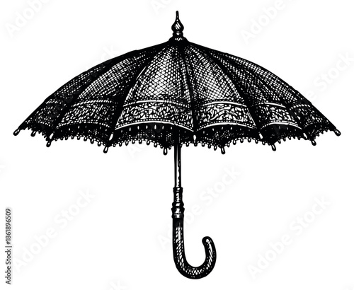 Classic line art illustration of an umbrella depicting an elegant ornate style for fashion