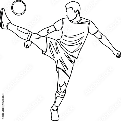 Soccer player kicking ball vector line art illustration, football athlete action pose minimalist drawing isolated on white background, sports character