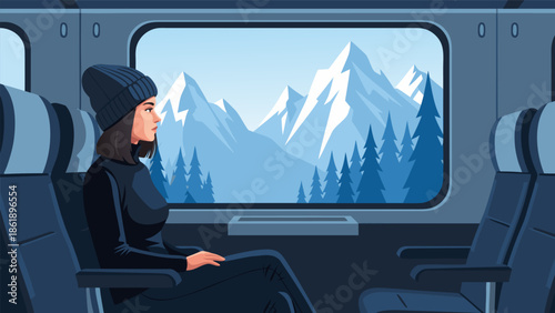 Winter mountain view through train window, captivating vector illustration of a serene journey