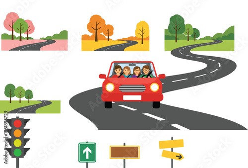 Family driving in a red car on a winding road with traffic lights, signs, and seasonal landscape scenery illustration