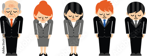 Businesspeople bowing politely in formal suits, group of professionals showing respect and apology in corporate illustration