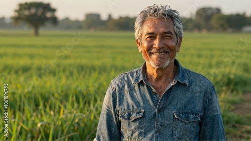 Old man in denim shirt smiling in green field