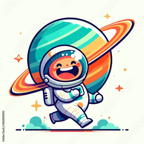 Cartoon illustration of a person on the planet Saturn