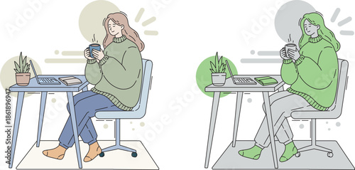 Flat Vector Illustration of Women Working on Laptop with Coffee at Desk
