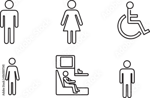 Six outline people icons vector illustration showing male female disabled child and passenger isolated on white background