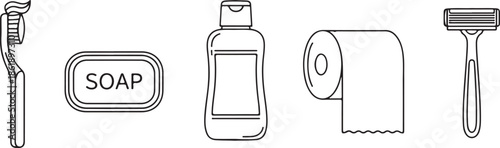 Toothbrush soap bottle toilet paper razor personal hygiene icon illustration vector isolated on white background