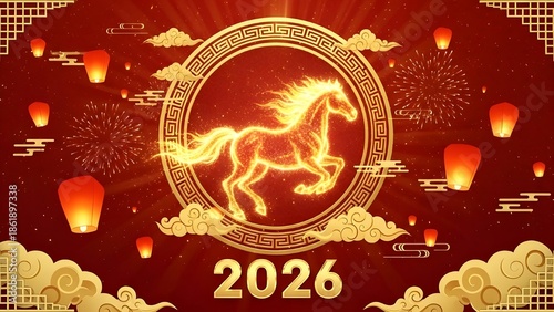 Golden Fire Horse 2026 Chinese New Year Celebration Background. Vibrant festive digital illustration for Chinese New Year 2026, the Year of the Fire Horse.A majestic, dynamic golden horse with flowing