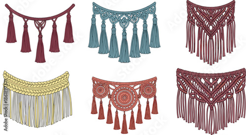 Collection of boho macramé wall hangings with fringe and tassels in various colors for home decor, interior design, and handicraft concepts