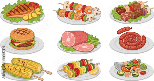 Collection of grilled BBQ food including chicken breast beef skewers shrimp kabobs hamburger sausage and roasted corn for summer cookout party