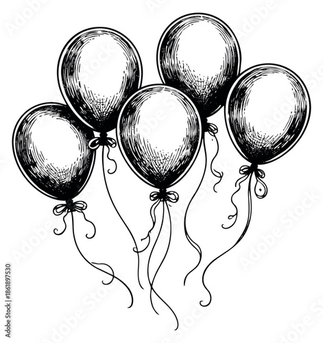 Hand drawn line art balloons set featuring a cluster of party decorations with flowing ribbons for celebrations