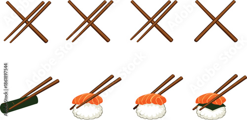 Chopsticks and sushi illustration set, Japanese food elements isolated on white background for menu design use commercial branding