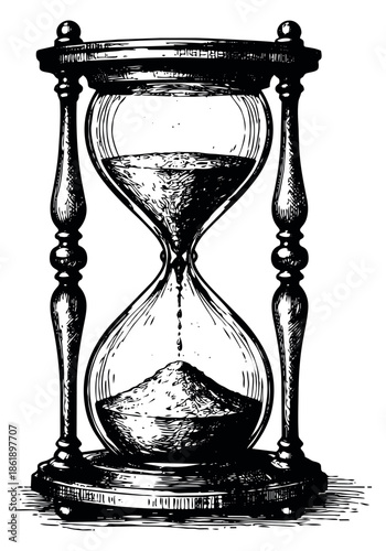 Vintage hand drawn line art illustration of an hourglass depicting sand falling and measuring time for concepts of time and deadlines