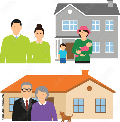 Family generations with houses showing parents, children and grandparents living in separate homes, flat vector illustration