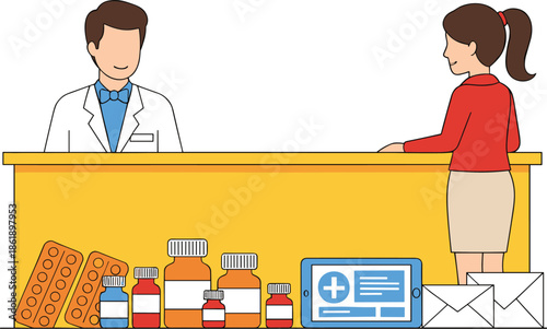 Pharmacy counter with pharmacist assisting customer, medicine bottles, pills and digital prescription service vector illustration