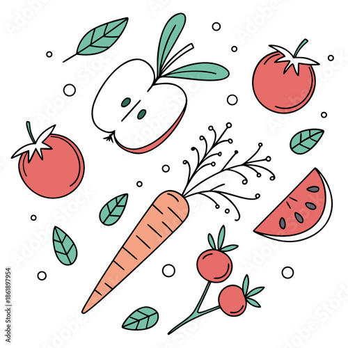 Minimal Food Illustration with Fresh Fruits and Vegetables