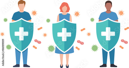 People holding protective shields preventing bacteria and viruses, health immunity defense and medical protection vector illustration