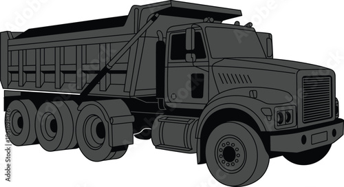 Large dump truck, heavy-duty vehicle, construction transport, industrial machinery, realistic vector, rugged wheels, cargo bed, mining equipment, clipart