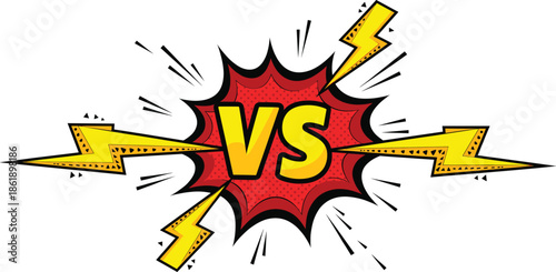 Pop art VS comic explosion with bold lightning bolts and dynamic halftone effect, versus battle vector design
