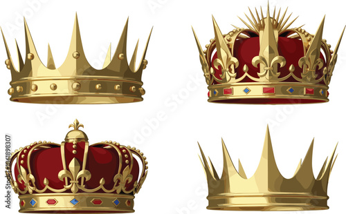 Royal golden crowns with jewels and luxury designs, majestic king and queen crown collection vector illustration set