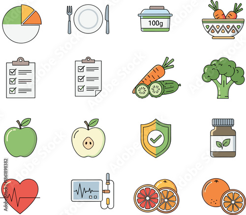 Nutrition and healthy lifestyle icon set illustration, diet planning food calories wellness symbols isolated on white background