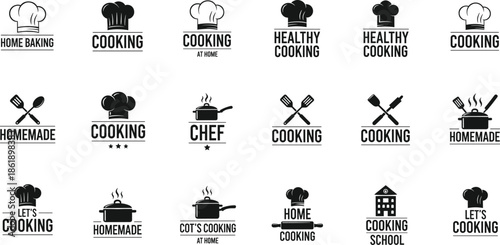 Cooking and homemade food logo set with chef hats, pots and utensils, culinary branding illustration for kitchen and restaurant designs