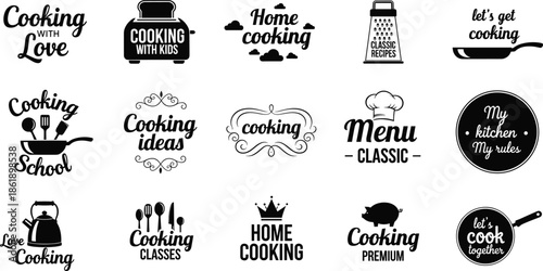Cooking typography logo set with kitchen utensils and food elements, culinary branding design for restaurants and home cooking