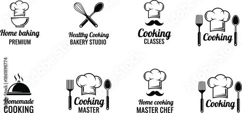 Cooking and bakery logo vector set with chef hats, utensils and typography for restaurant branding and kitchen studio designs