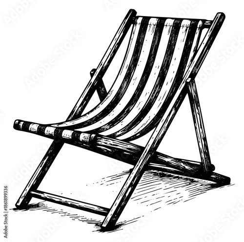Hand drawn line art illustration of a deck chair depicting readiness for leisure for summer holidays and beach relaxation