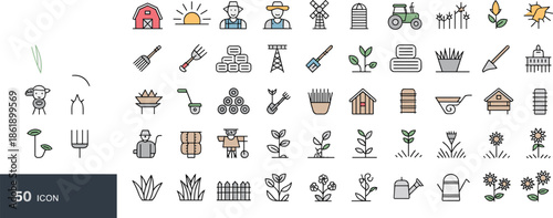 Farming icons, agriculture symbols, barn, tractor, farmer, crops, tools, greenhouse, irrigation, cow
