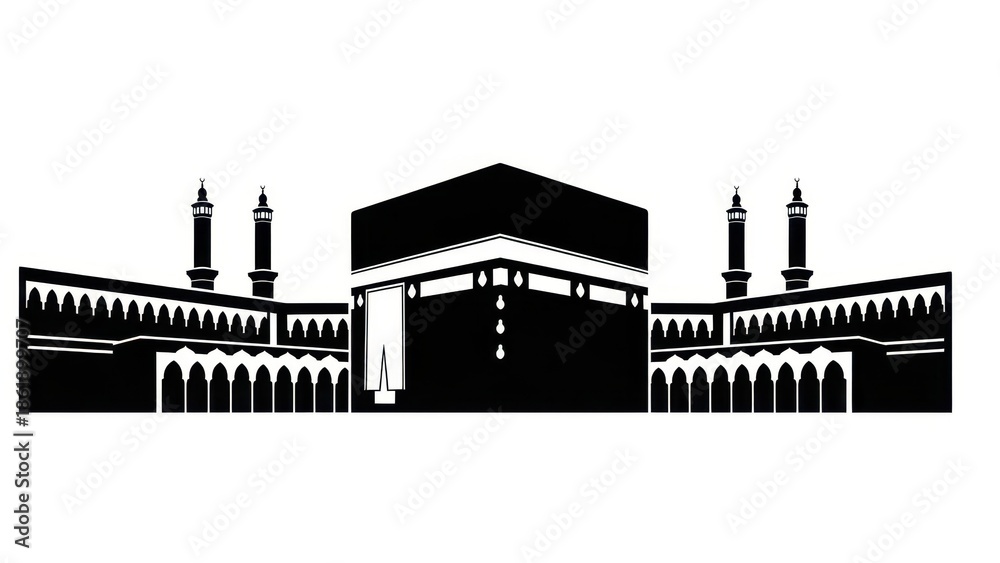 Fototapeta premium Kaaba Mecca Silhouette, Islamic Holy Site, Architecture, Pilgrimage, Muslim Worship