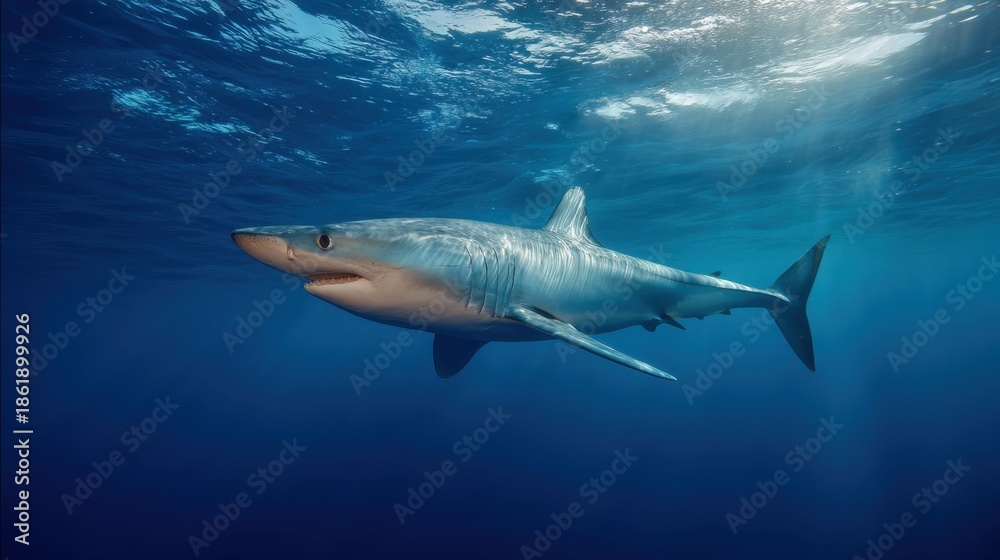 Fototapeta premium Majestic shark swimming in deep ocean with sunlight filtering through water.