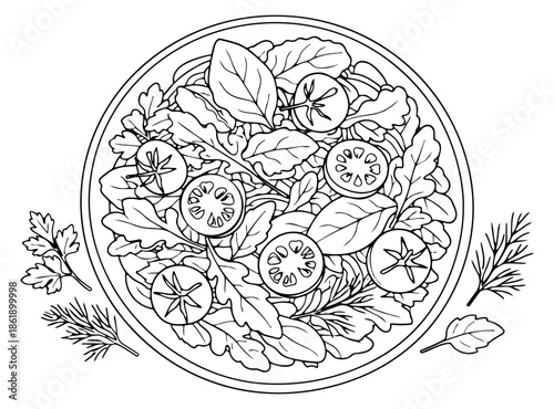 Hand drawn illustration of a fresh salad bowl depicting leafy greens and tomatoes for healthy eating