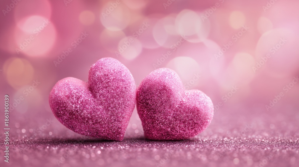 Fototapeta premium Sparkling pink hearts on glittering background for romantic celebration.