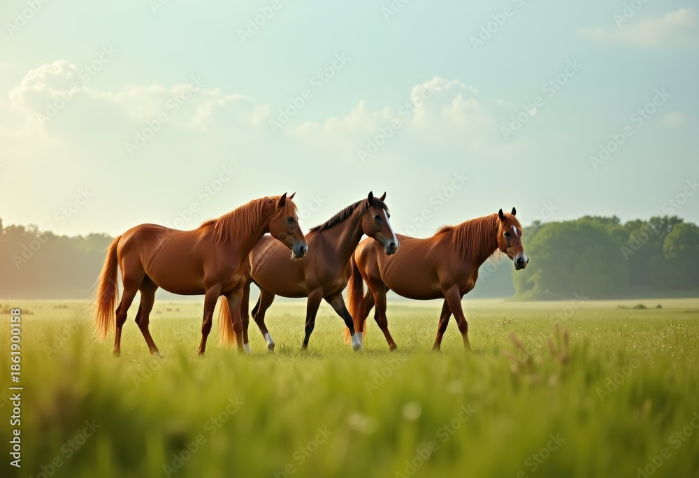 Obraz premium Majestic Equine Companions Symbolizing Emotional Recovery Journey amidst Lush Green Pastures and Blue Sky