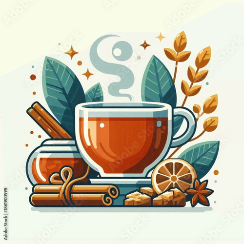 A mug of tea with cinnamon sticks star anise and leaves