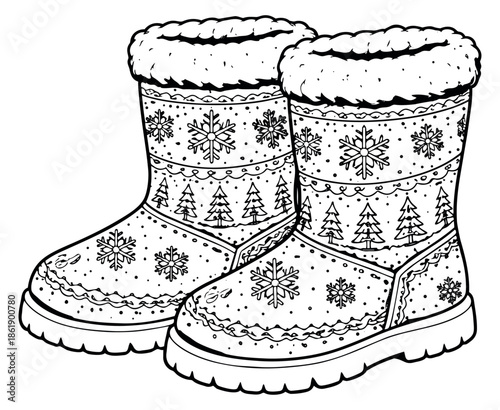 Hand drawn line art illustration of winter boots depicting festive snowflakes and christmas trees for holiday designs