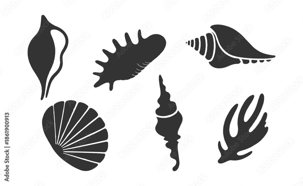 Obraz premium Seashell Silhouettes Set, Marine Shell Icons Ocean Beach Vector Collection.