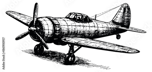 Hand drawn line art illustration of a vintage propeller airplane depicting an old aircraft on its landing gear for aviation and transportation design