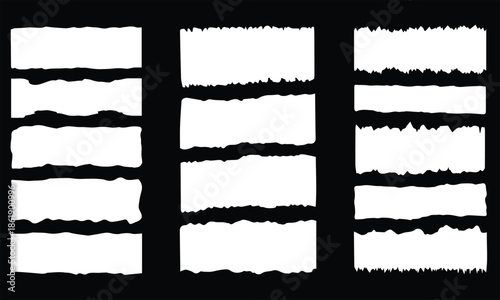 Set of grunge jagged rectangle shape. Black torn paper sheet for sticker, collage, banner. Vector illustration isolated on white background.