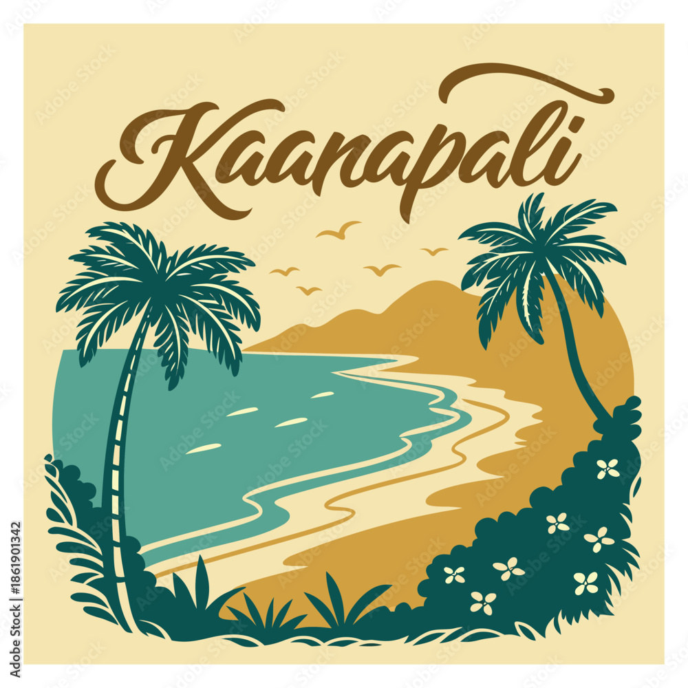 Obraz premium Kaanapali tropical beach landscape vintage travel poster design