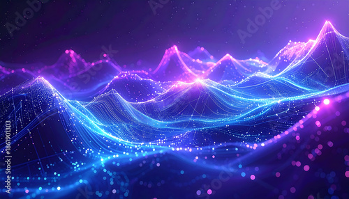 Wallpaper Mural Abstract Digital Landscape: Glowing Neon Waves, Connected Particles. Futuristic Technology Visualization Background. Torontodigital.ca