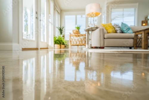 Polished stone floor reflecting a bright living room
