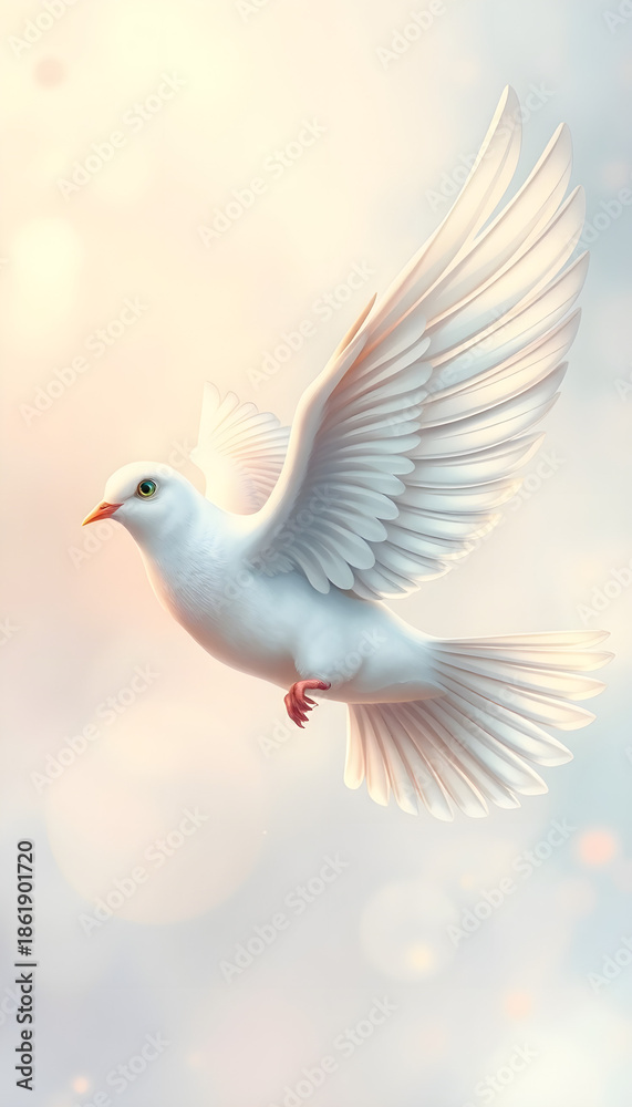 Fototapeta premium White dove flying against a soft blurred pastel background 