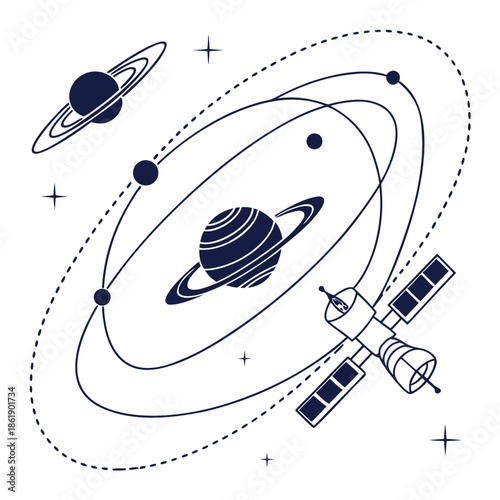 Abstract Space Exploration Concept with Satellites and Planets