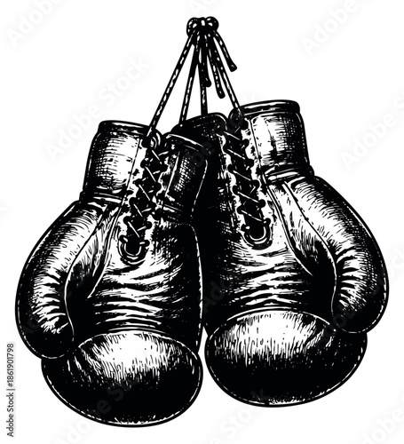 Line art illustration of boxing gloves depicting a pair hanging for sports and fitness