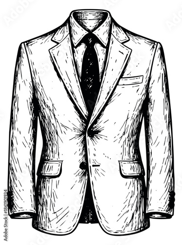 Hand drawn line art illustration of a formal suit with a tie depicting elegance and professionalism for men's fashion and business attire